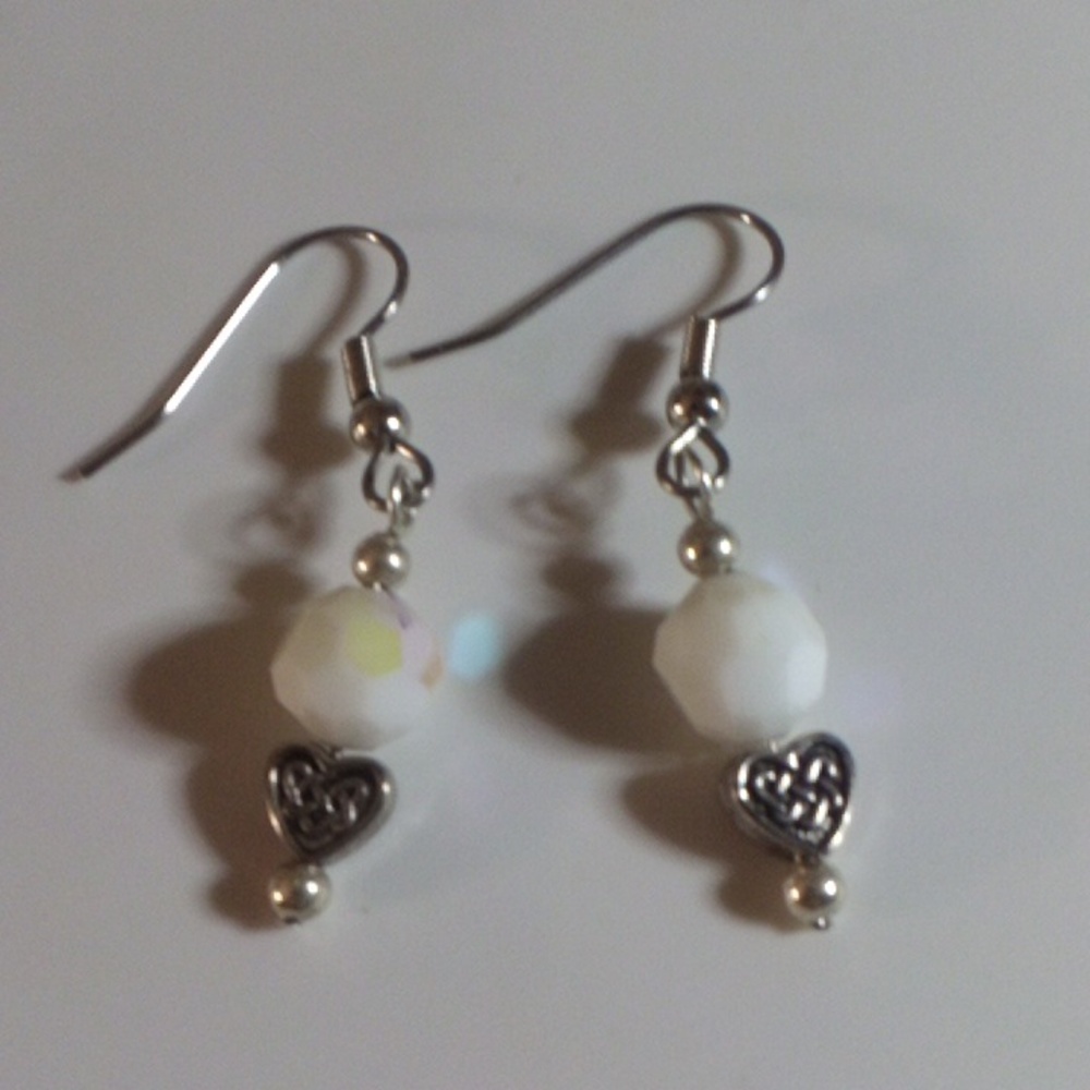EARRINGS MILK GLASS CRYSTAL PEWTER & SURGICAL STEEL